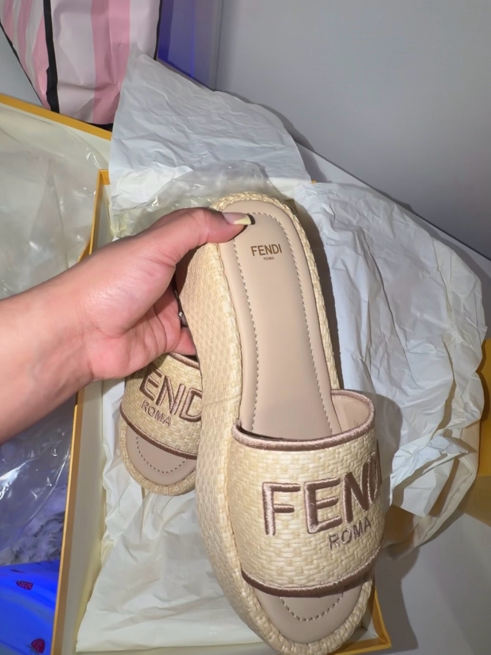 Fendi Natural Beige Embroidered Raffia Slide Mules